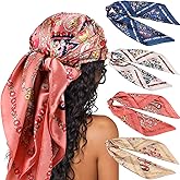 DRESHOW 35” Large Square Satin Head Scarf - 4Pcs Silk Accessories Classic Patterned Squares Beach Bandanas for Women