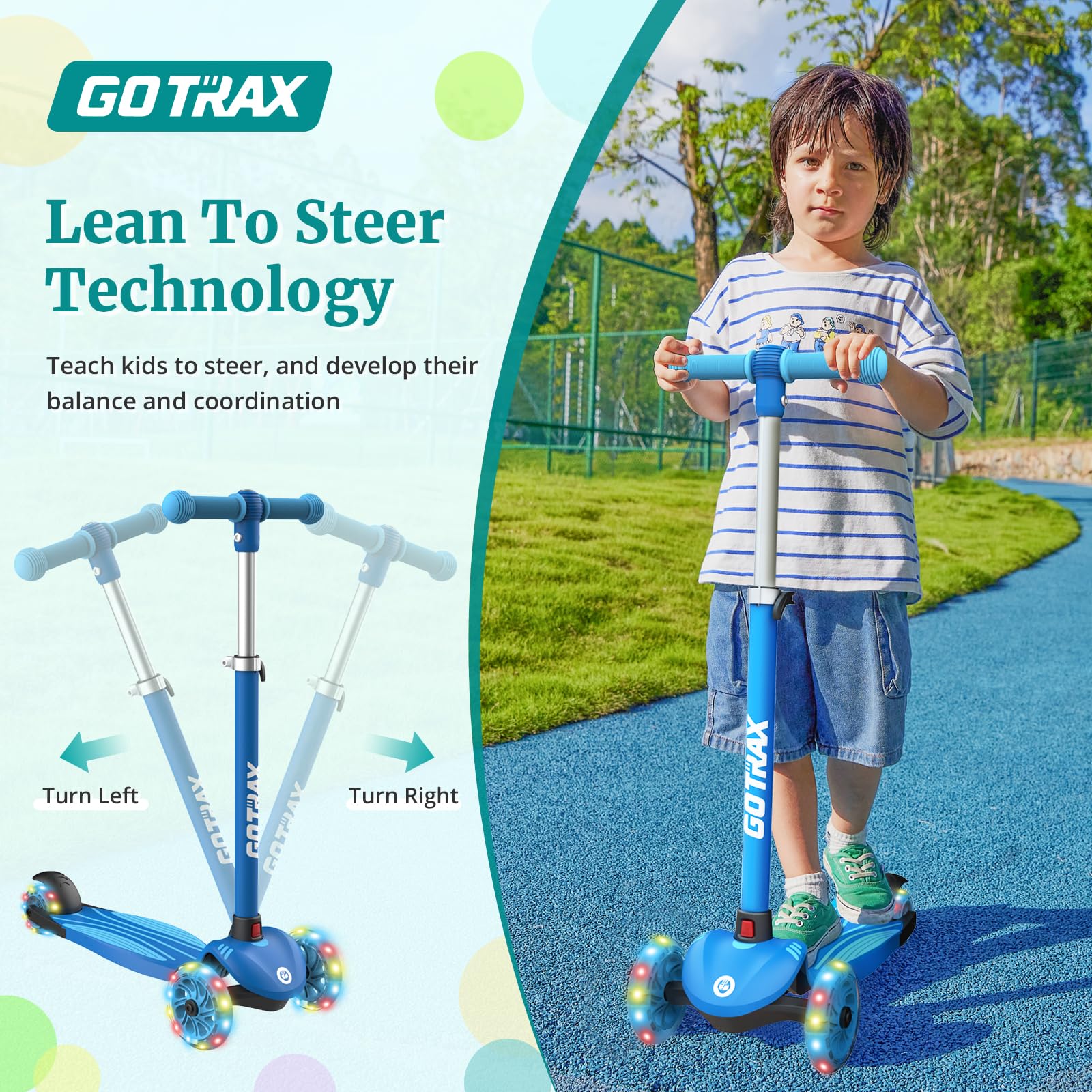 Gotrax KS1 Kids Kick Scooter, LED Lighted Wheels and 3 Adjustable Height Handlebars, Lean-to-Steer & Widen Anti-Slip Deck, 3 Wheel Scooter for Boys & Girls Ages 2-8 and up to 110 Lbs