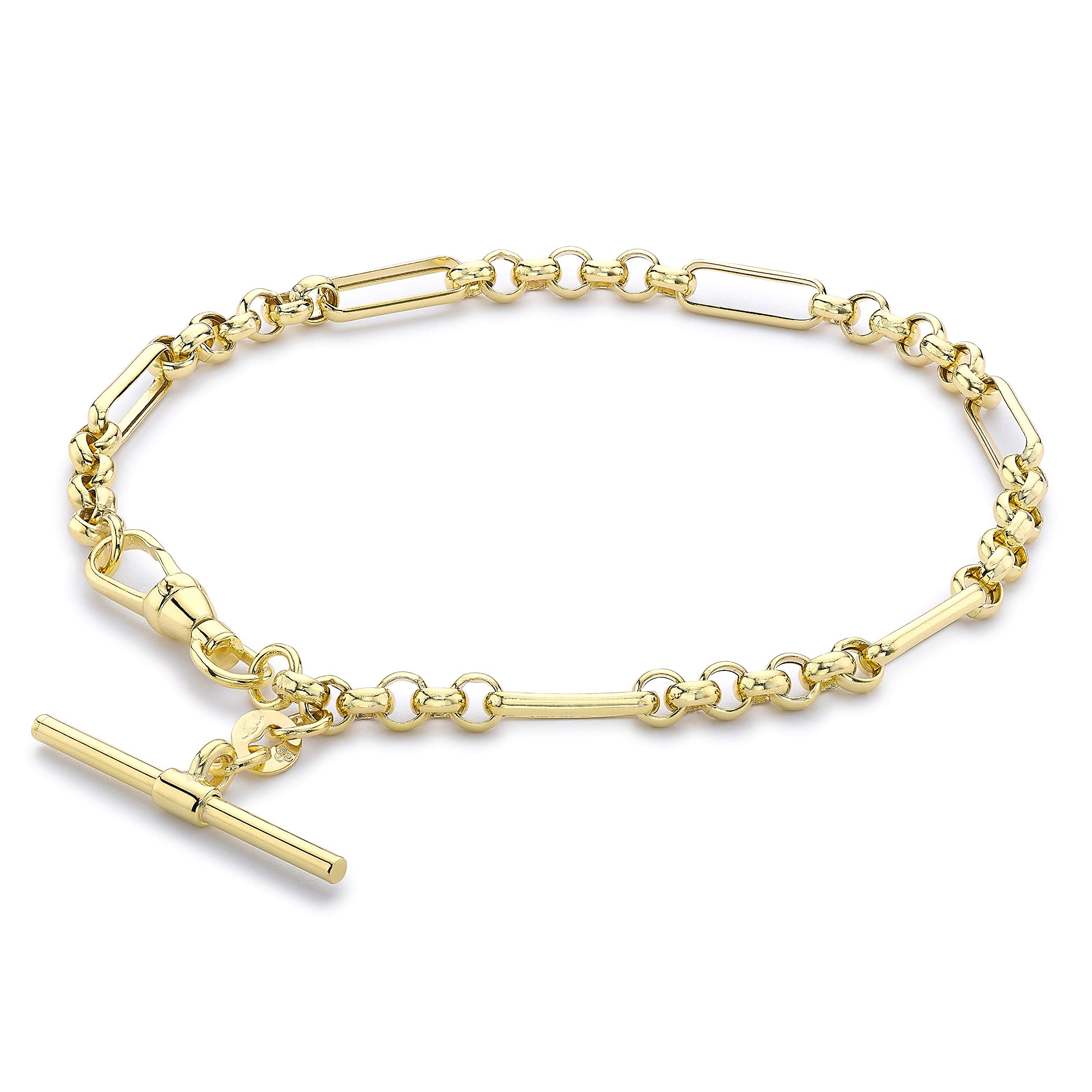 CARISSIMA Women's 9ct Yellow Gold 24.8mm X 1.7mm T-Bar Figaro Belcher Chain Albert Clasp Bracelet 19cm/7.5"