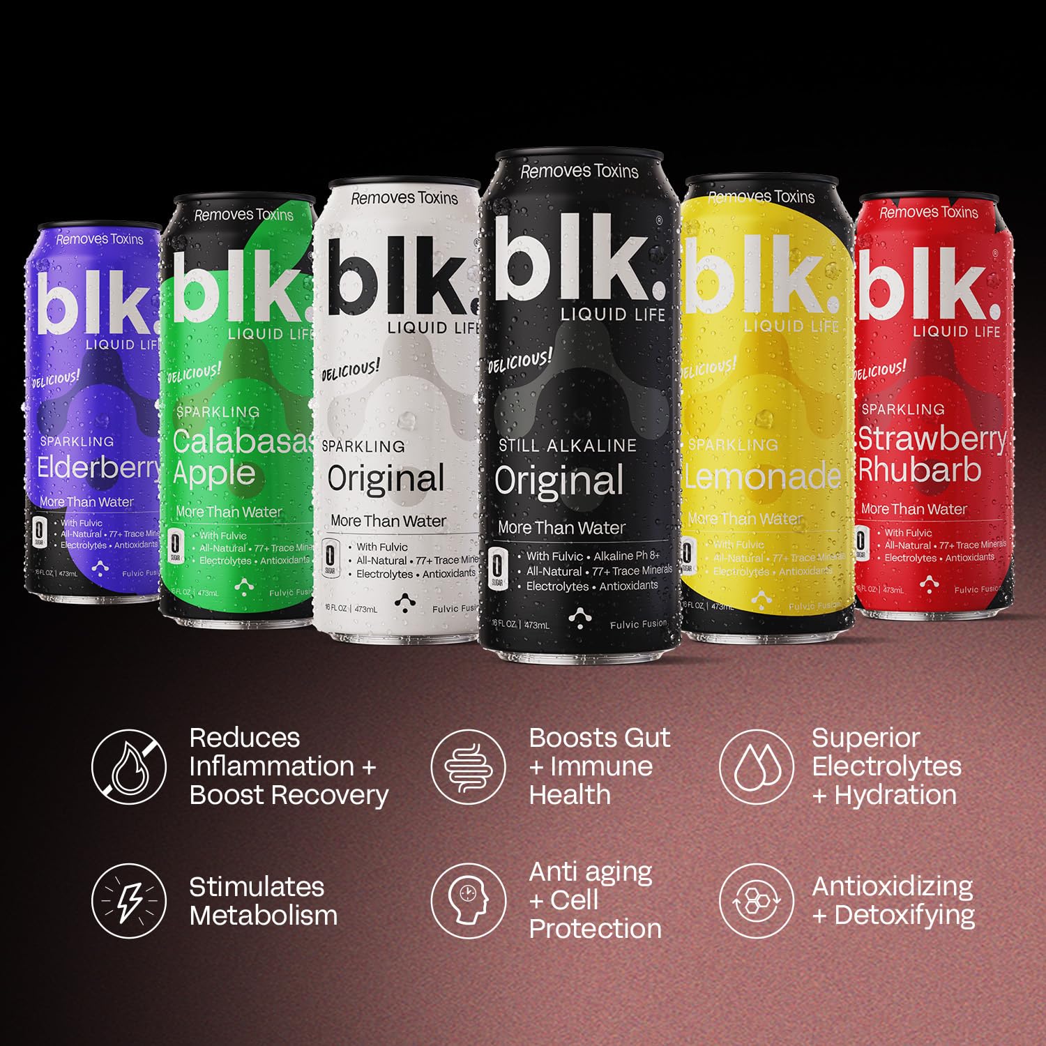 blk. Natural Alkaline Sparkling Mineral Water Electrolyte Infused with Fulvic and Amino Acids, Zero Sugar, Zero Calories Drink, Lemonade Flavored, 16 oz, 12 pack