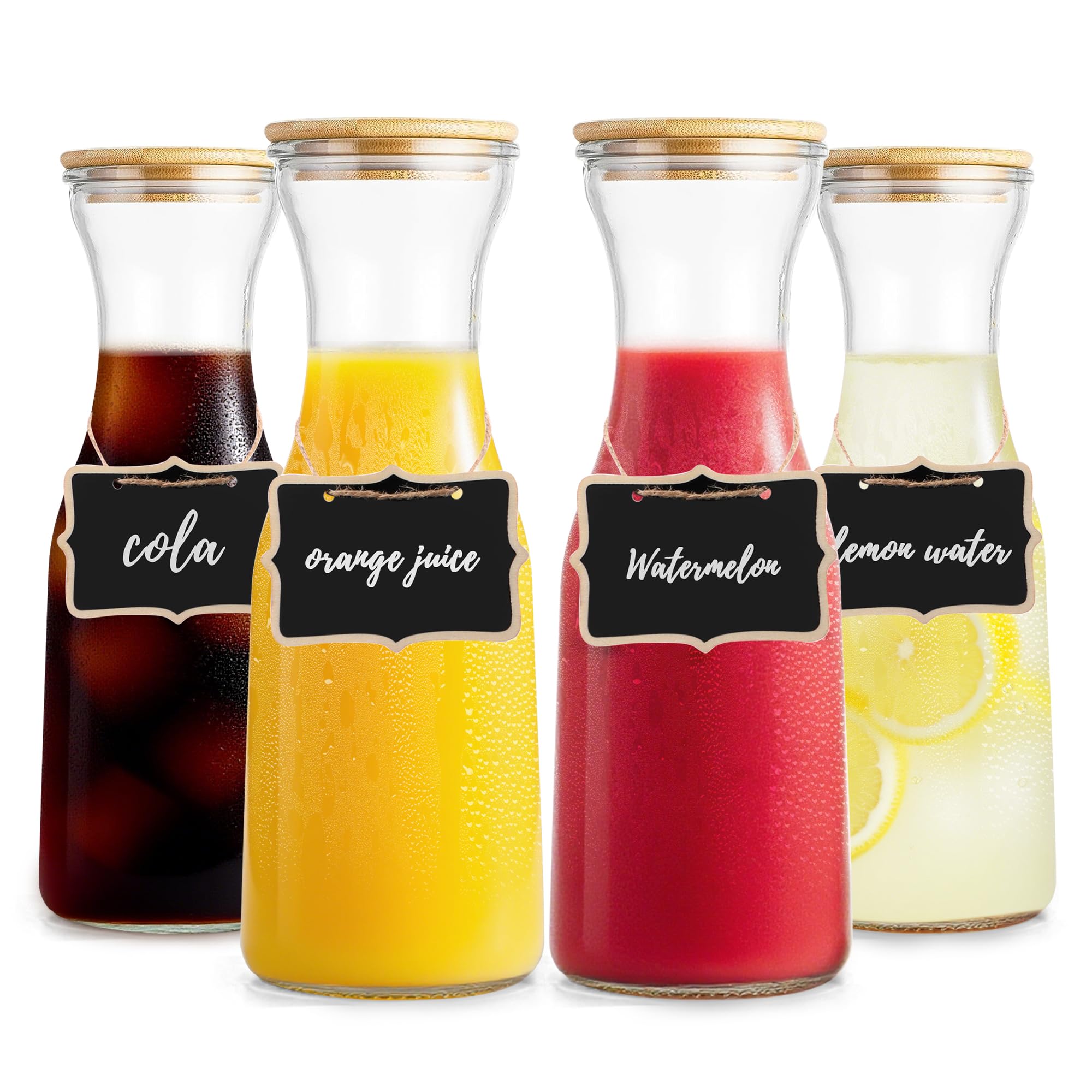 Photo 1 of Glass Carafe with Bamboo Lid,35 Oz Beverage Dispensers Carafe,Mimosa Bar Supplies,Juice Bottles, Clear Glass Pitcher with Name Labels for Iced Tea,Coffee,Juice(Set of 4)