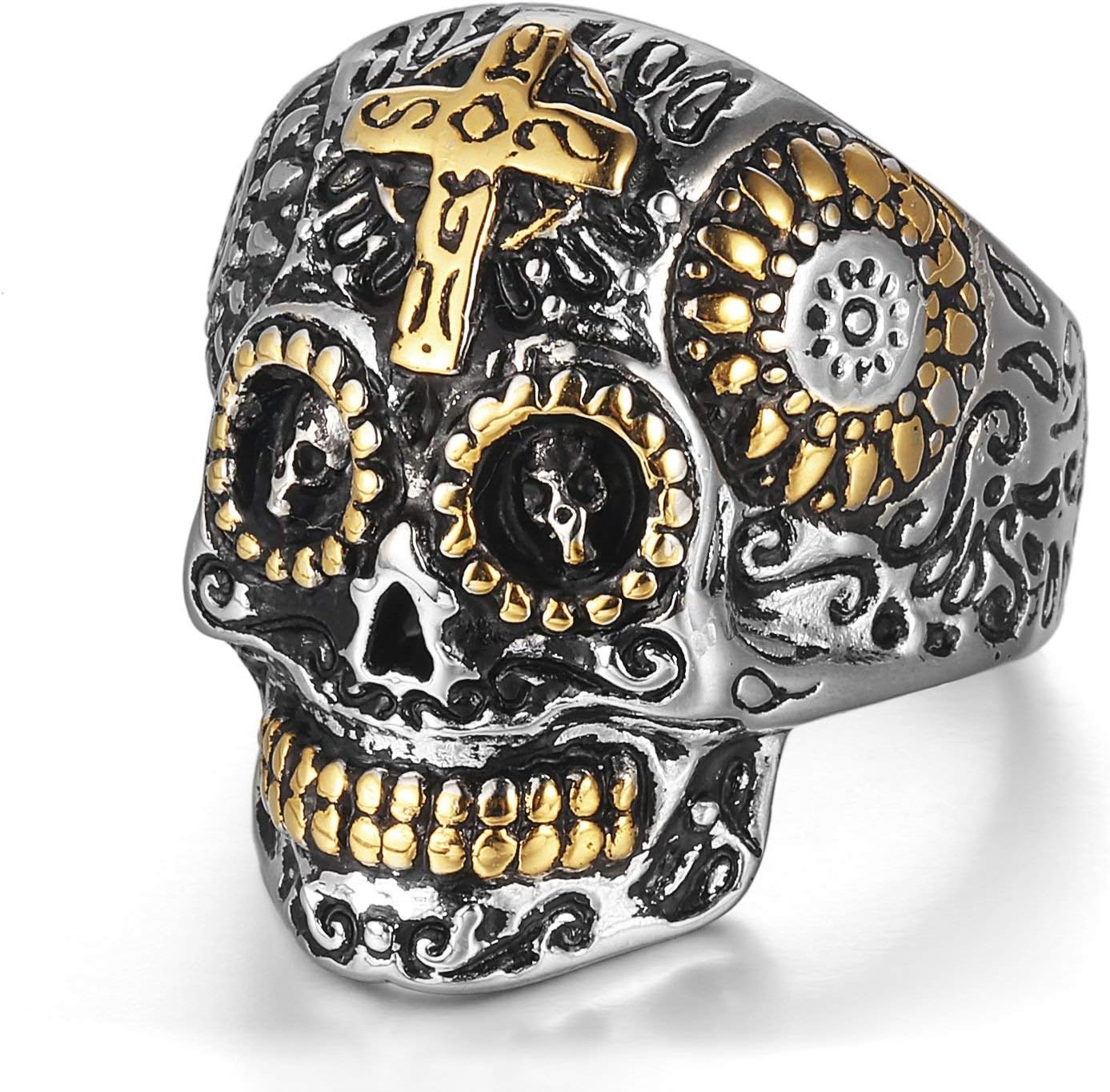 Mens Stainless Steel Ring Cross Gothic Skull Ghost Head Biker Halloween Punk Rock Gold Silver Colour Polished Vintage Jewellery