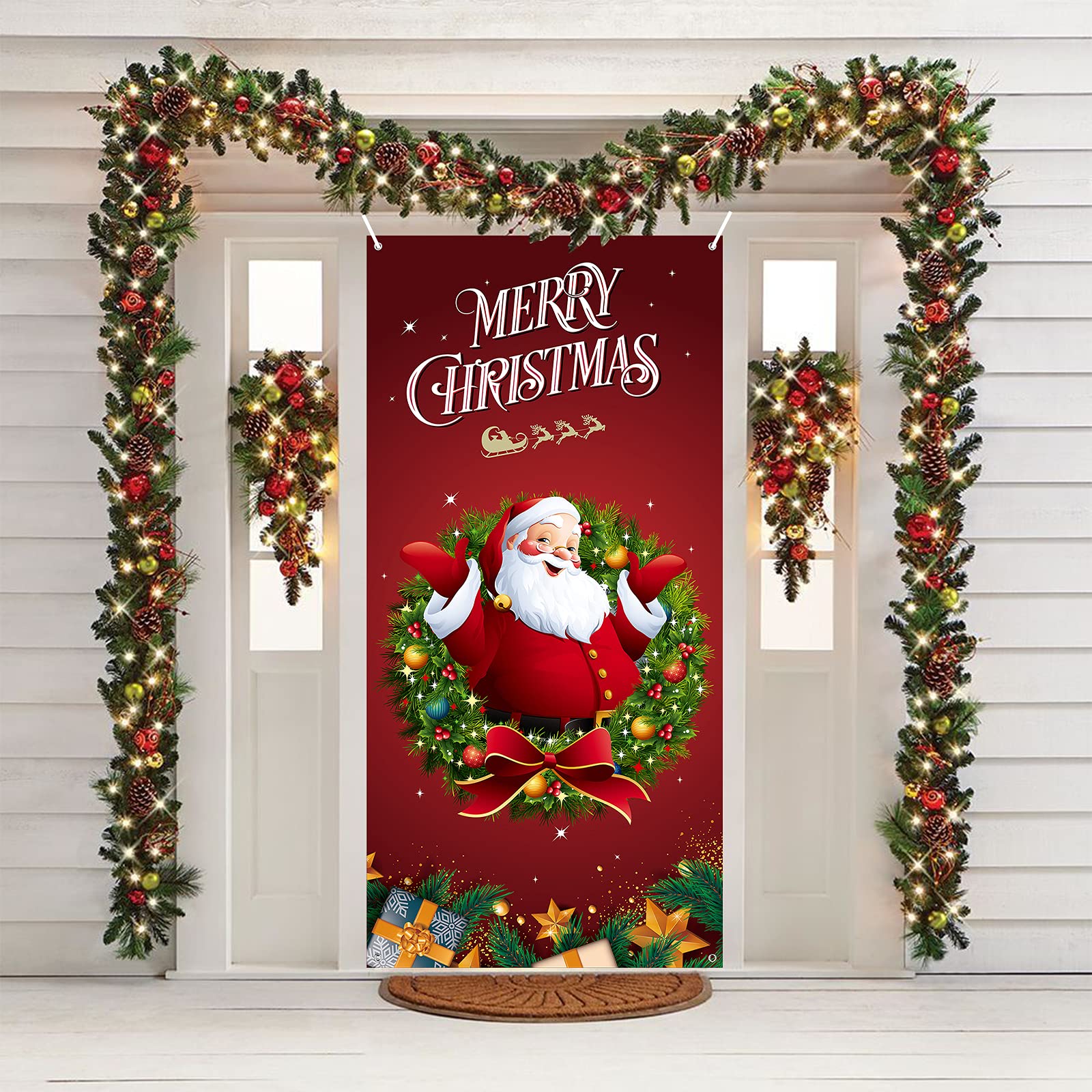 Christmas Party Decorations - Large Merry Backdrop Banner, Fabric Santa Photo Booth Background Door Cover Wall Decor for Outdoor Indoor, 90 x 185 cm