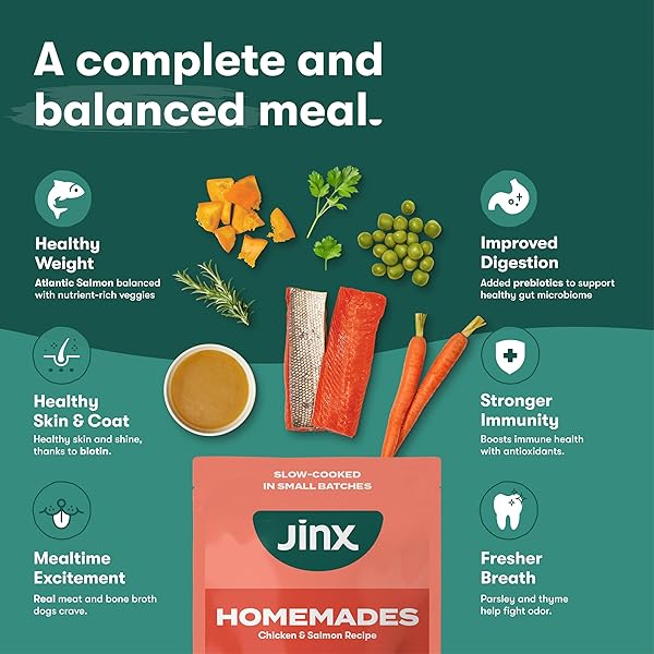 JINX SALMON GRAIN FREE WET DOG FOOD TOPPERS, MEAL OR MIX WITH DRY DOG FOOD, MADE WITH REAL SALMON & CHICKEN, BONE BROTH, NO FILLERS, PUPPY, ADULT, SENIOR, 3OZ, 8 PACK
