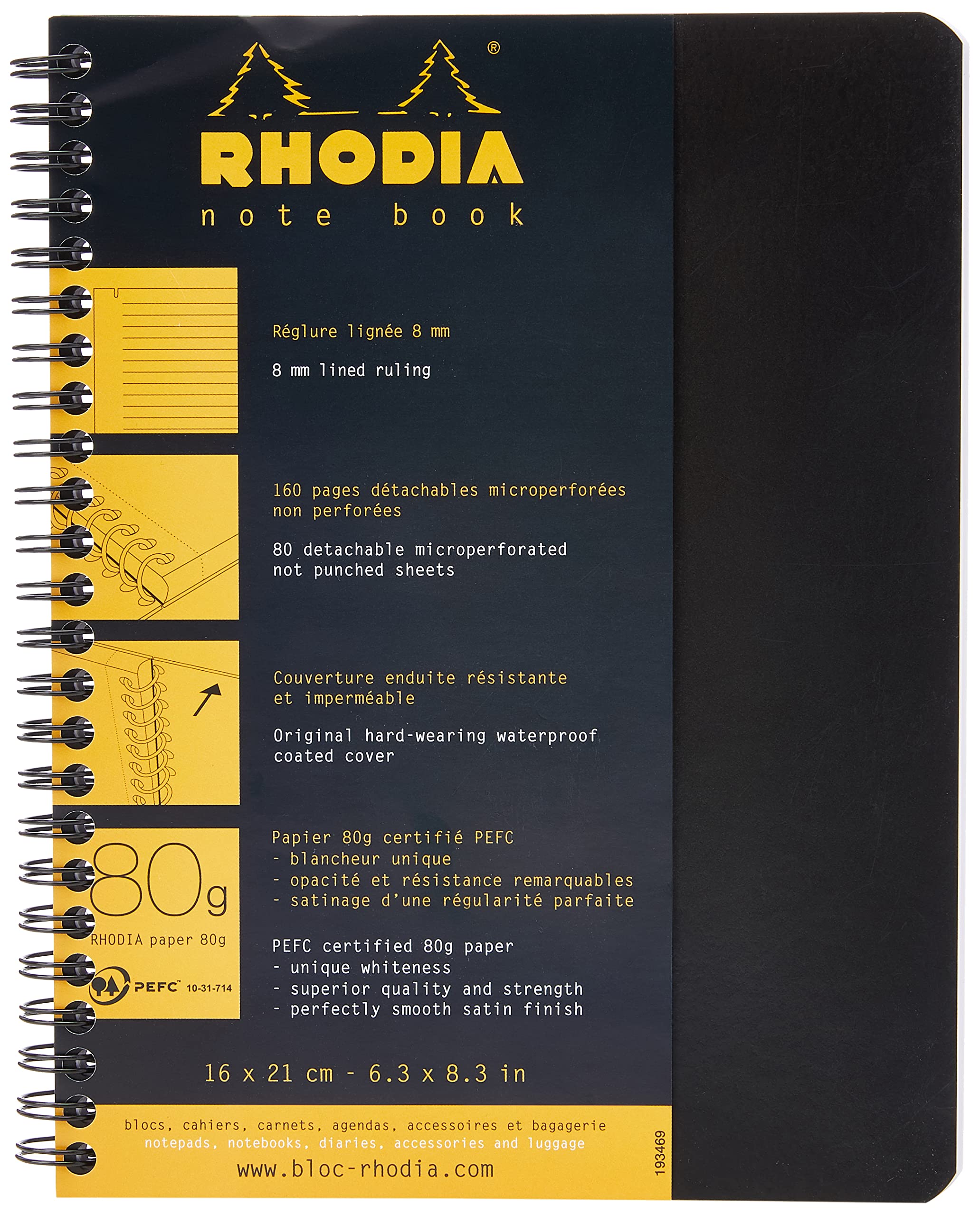RHODIA 193469C - Spiral Notebook (Full Bound) Black Notebook - A5+ - Ruled - 160 Detachable Pages - Clairefontaine Paper 80 g/m - Soft and Resistant Coated Card Cover - Classic