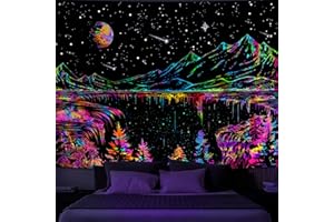 Simpkeely Blacklight Mountain Tapestry, Galaxy Meteor Aesthetic UV Reactive Tapestries, Forest Moon and Stars Starry Night Gl