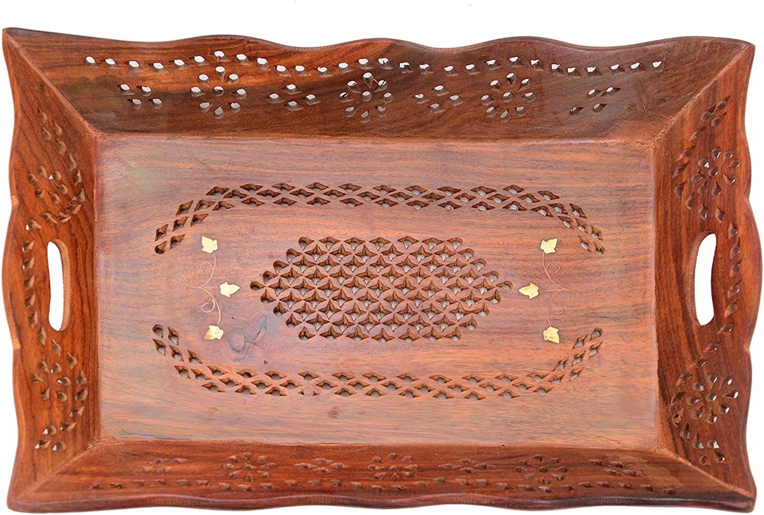 Craftropolis Handmade Wooden Rectangular Serving Tray with a Decorative Floral Design and Carved Brass Inlay || Made with Indian Rosewood || for Serving Breakfast, Dinner, Coffee, Wine etc.