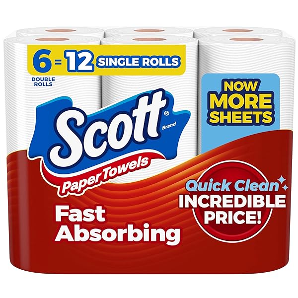 SCOTT PAPER TOWELS, CHOOSE-A-SHEET, 6 DOUBLE ROLLS = 12 REGULAR ROLLS (108 SHEETS PER ROLL)