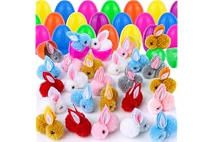 FLYSNK 24 Pack Easter Eggs Fillers with Mini Bunny Plush, Easter Basket Stuffers Easter Egg with Toys Inside for Kids, Mini Stuffed Bunny Animals, Easter Hunts Party Favors Surprise Eggs for Boys Girls