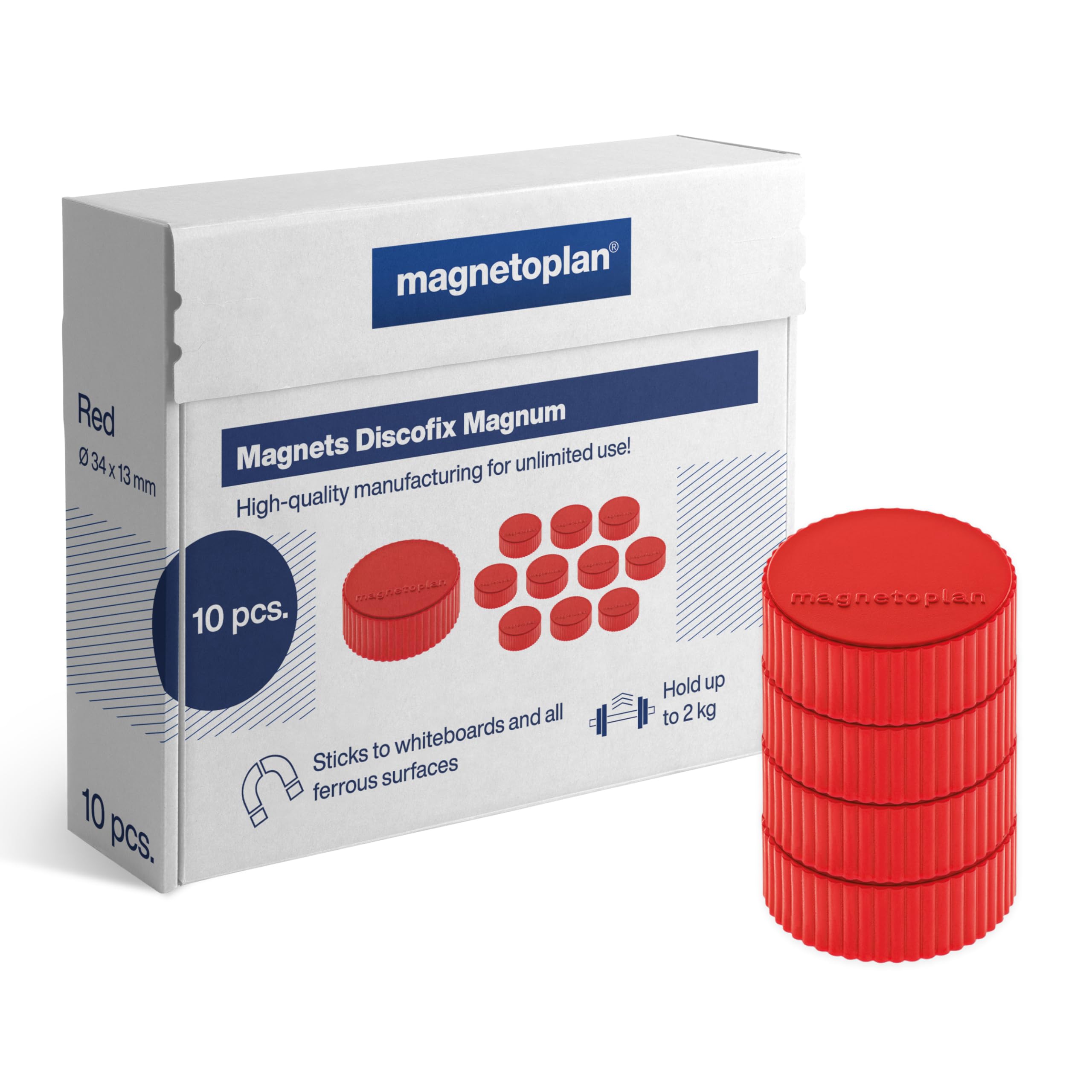 magnetoplan Premium Magnete Discofix magnum | ØxH 34x13mm | 10 Stück, rot | Haftkraft: 2 kg | Magnete für Magnettafeln und Whiteboards | Kratzfreie Spezialbeschichtung | Leicht abnehmbar