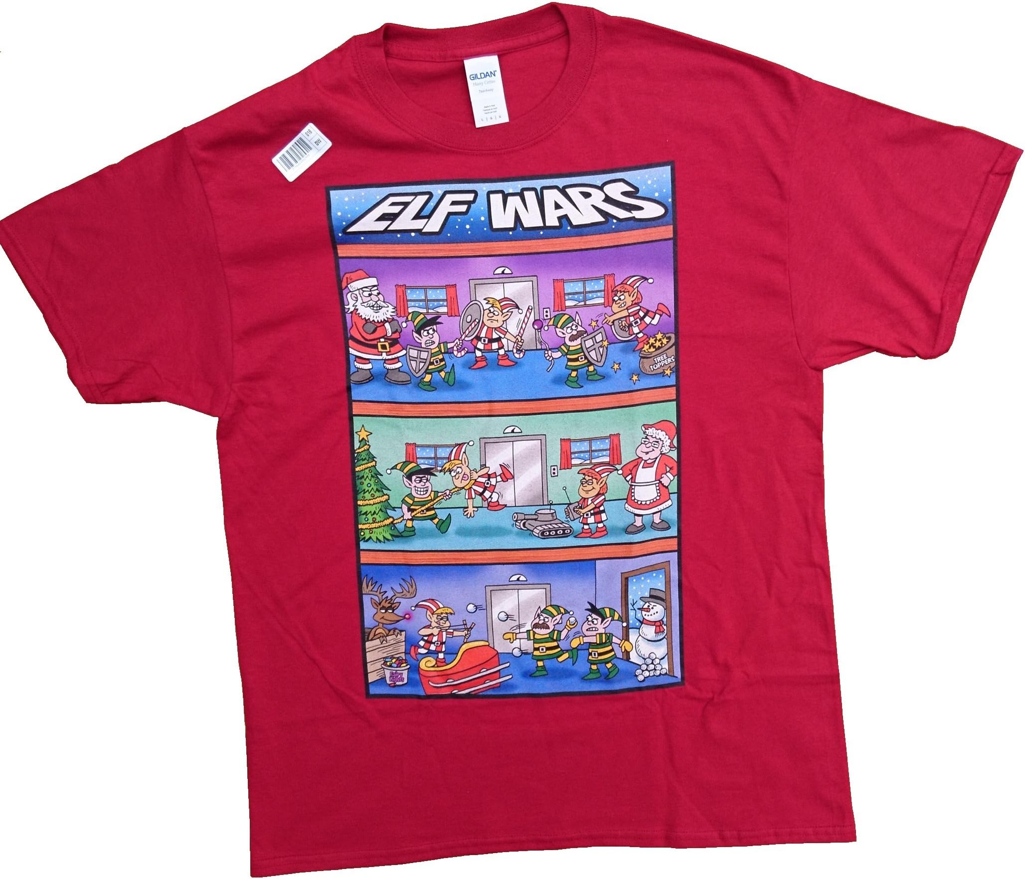Elf Wars - Funny Christmas Cartoon T-Shirt, Cheerful Unique Design (Cardinal Red, L 42-44" Chest)
