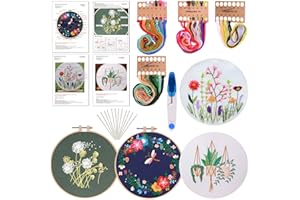 FEPITO 4 Sets Embroidery Starter Kit with Pattern and Instructions Cross Stitch Kit Includes 4Pcs Embroidery Clothes with Floral Pattern, 2 Pcs Embroidery Hoops, Scissor, Color Threads Needle Kit