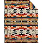 Pendleton Jacquard Unnapped Blanket, Wool Cotton Blend, Reversible, 64 x 80 | Ultrasuede Binding, Packable, Fire Legend Sunset