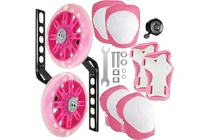 All-In-One Kids' Safety Bundle: Flash Mute Adjustable Training Wheels, Knee Pads, Elbow Pads & Wrist Guards, Compatible with 12 14 16 18 20 Inch Bikes - Complete Protective Gear Set - RIFTARA (Pink)