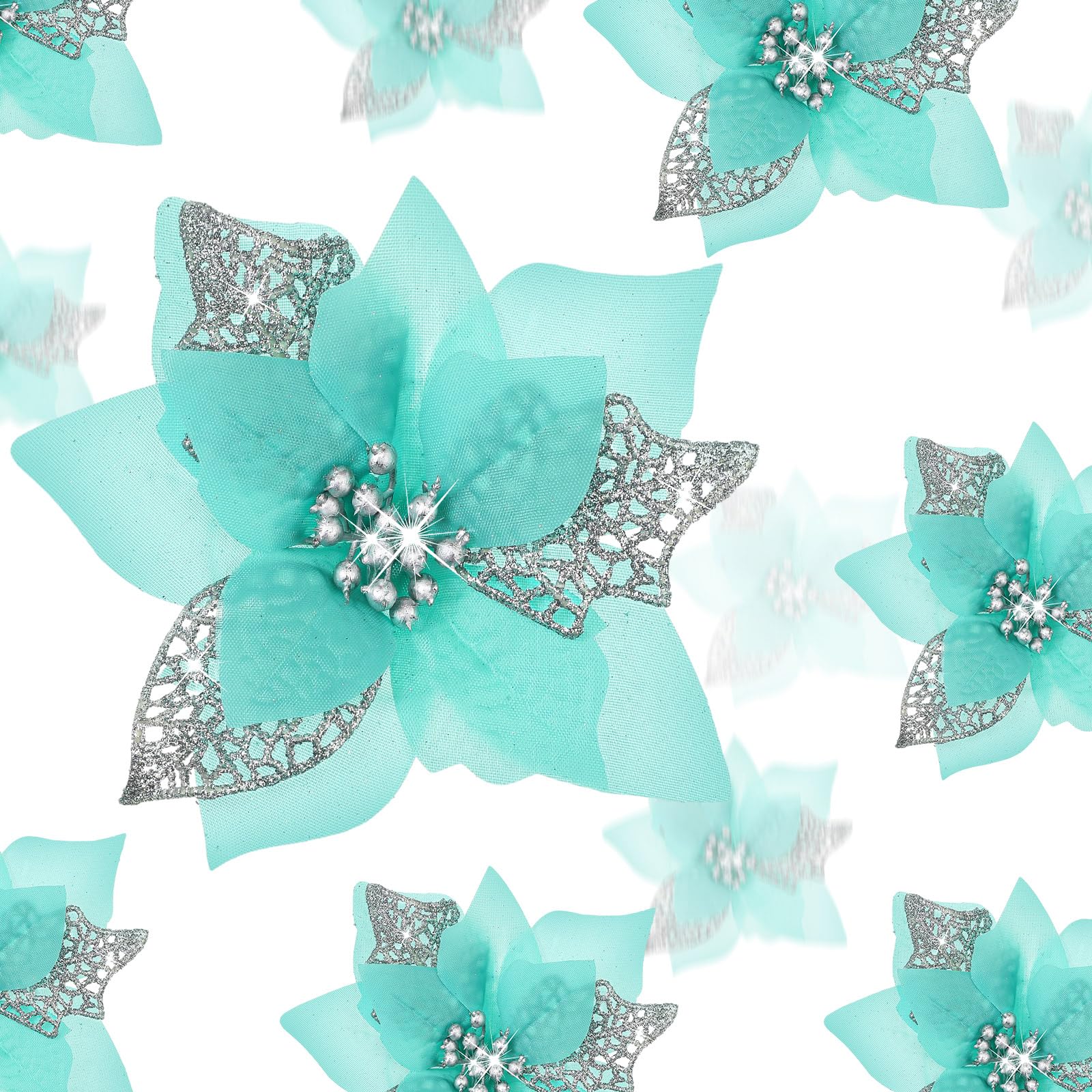 Boao 24 Pieces Christmas Artificial Glitter Poinsettia Flowers Xmas Flowers Wedding Christmas Tree New Year Ornaments(Blue Green) — image 1