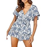 Relipop Women's Floral Rompers Jumpsuits V Neck Short Baggy Sleeve Waist Tie Double Layer Ruffle Hem Romper 2026 Trendy