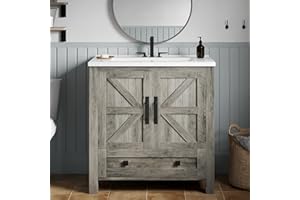 YITAHOME 30" Farmhouse Bathroom Vanity with Sink Combo, Small Space Bathroom Storage Cabinet with Large Drawer, 2 Soft-Closing Wood Barn Doors with Built-in Shelves, Grey