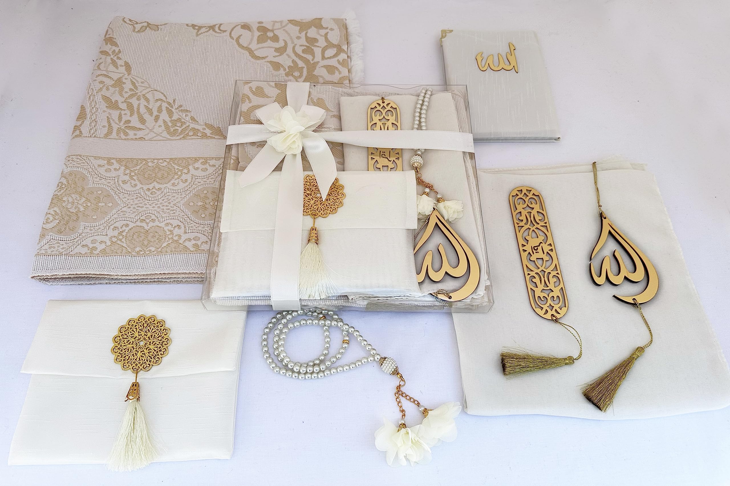 Muslim Prayer Rug, 7 In One Gift Set, Prayer Mat Surah Book, Tasbeeh, Scarf, Surah Case, Bookmark, Car Mirror Hanger, Prayer Beads,Islamic Gift for Umrah, Hajj, Wedding, Janamaz (CREAM)