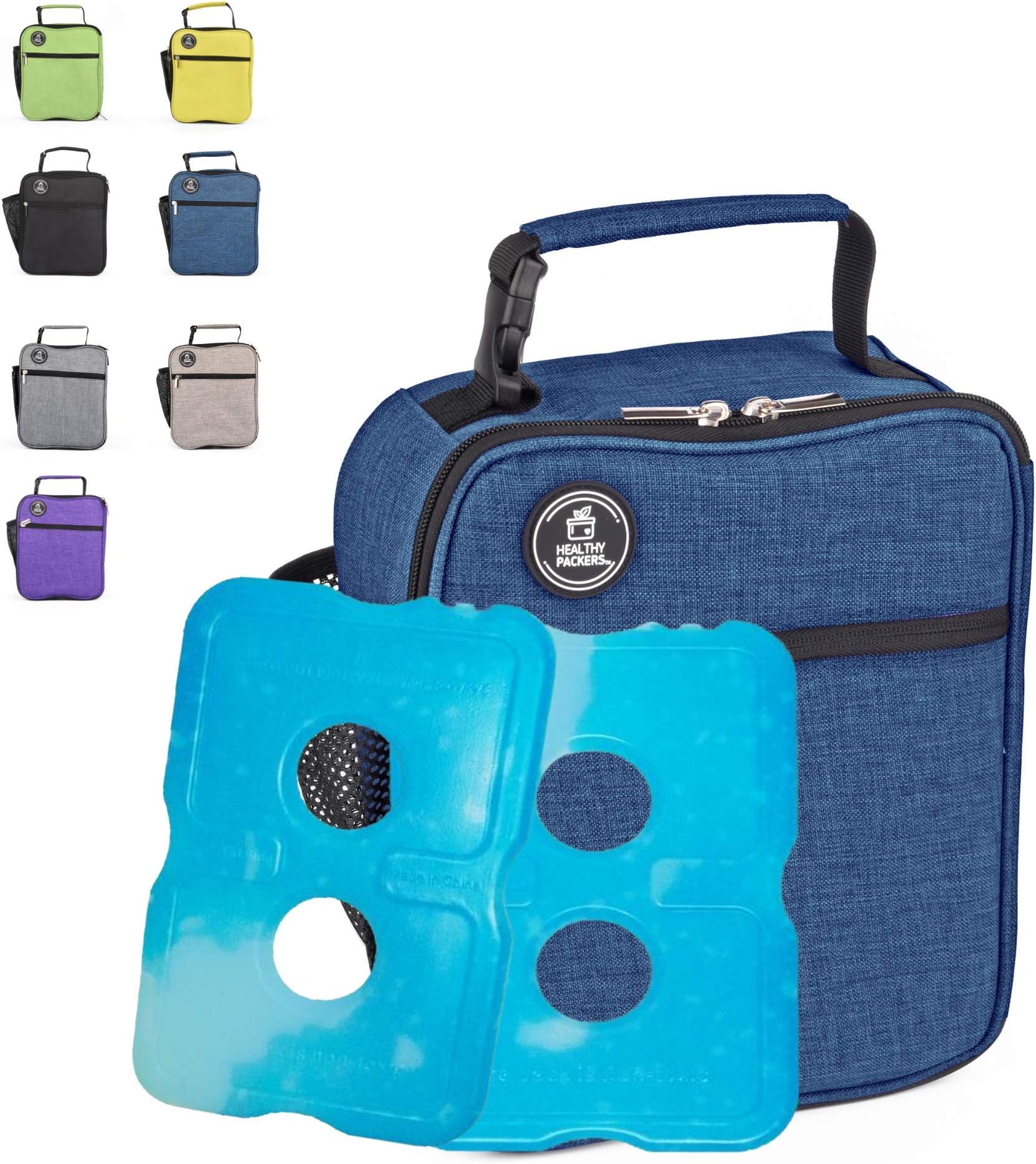 Healthy Packers Insulated Lunch Box for Adults and Kids w/ 2 Slim Long Lasting Ice Packs - Professional Work Lunch Bag for Men and Women - Heavy Duty School Lunchbox for Boys and Girls (Dark Blue)