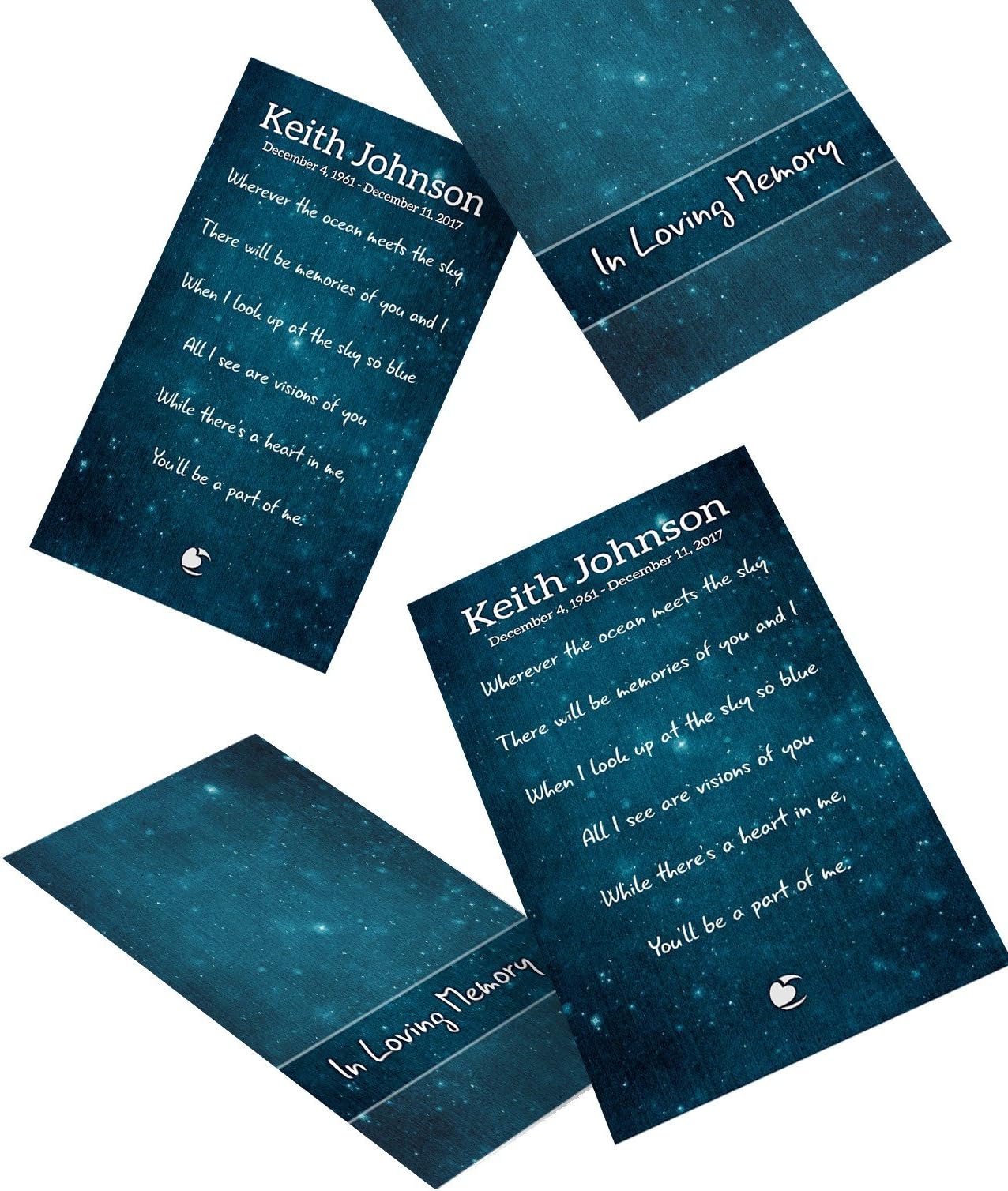 Personalized Laminated Wallet Sized Funeral, Memorial, Celebration of Life Remembrance Cards (Bundle of 25) (Blue)