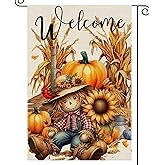 Fall Garden Flag Scarecrow Welcome Small Flags for Outside, 12x18 Inch Straw Sunflower Maple Leaves Double Sided Burlap Autumn Thanksgiving Harvest Party Farmhouse Outdoor Yard Lawn Decoration
