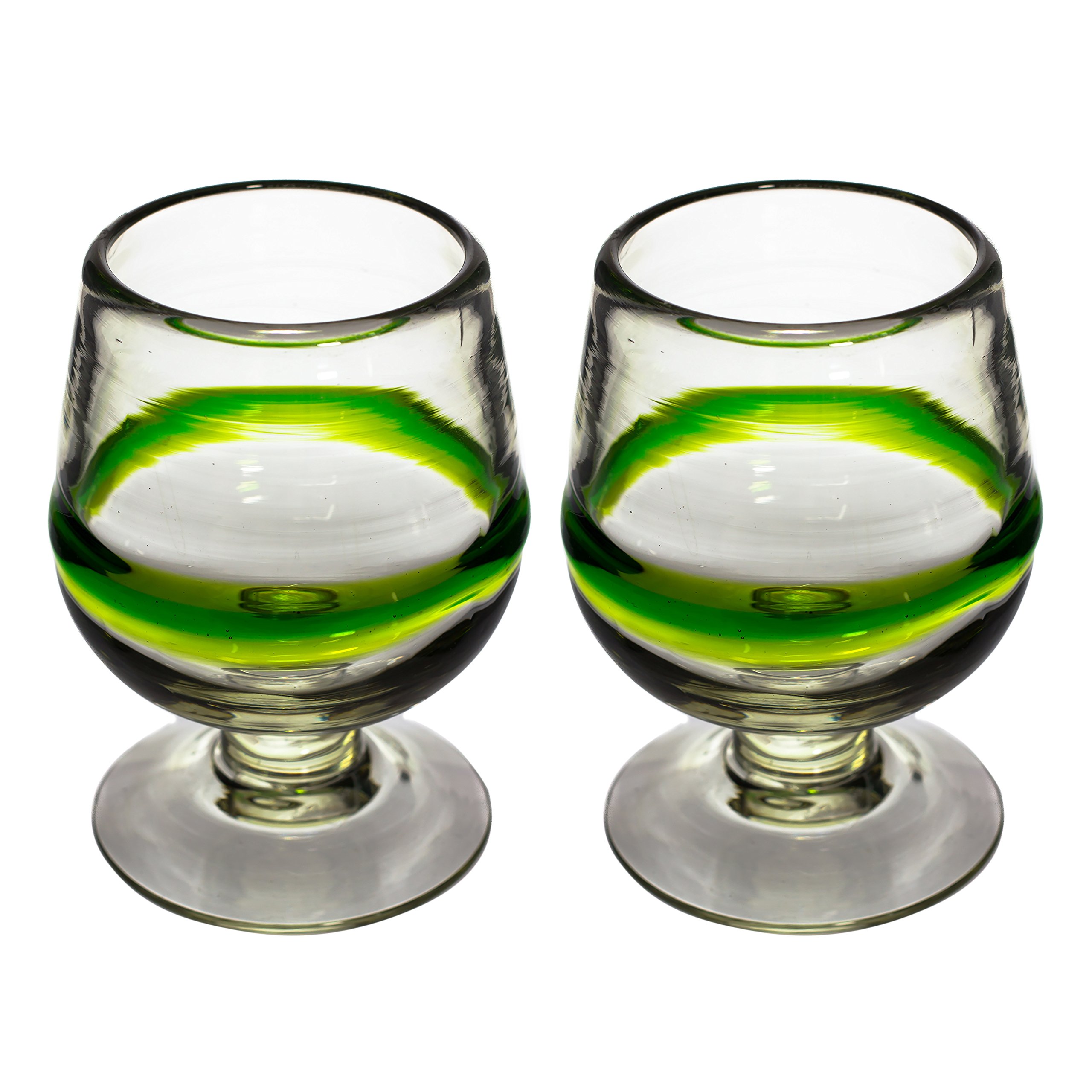 Tumia LAC Cognac or Brandy Glass, Blended Green Set of 2, Hand Blown from Recycled Glass - fair Trade and Handmade in Mexico