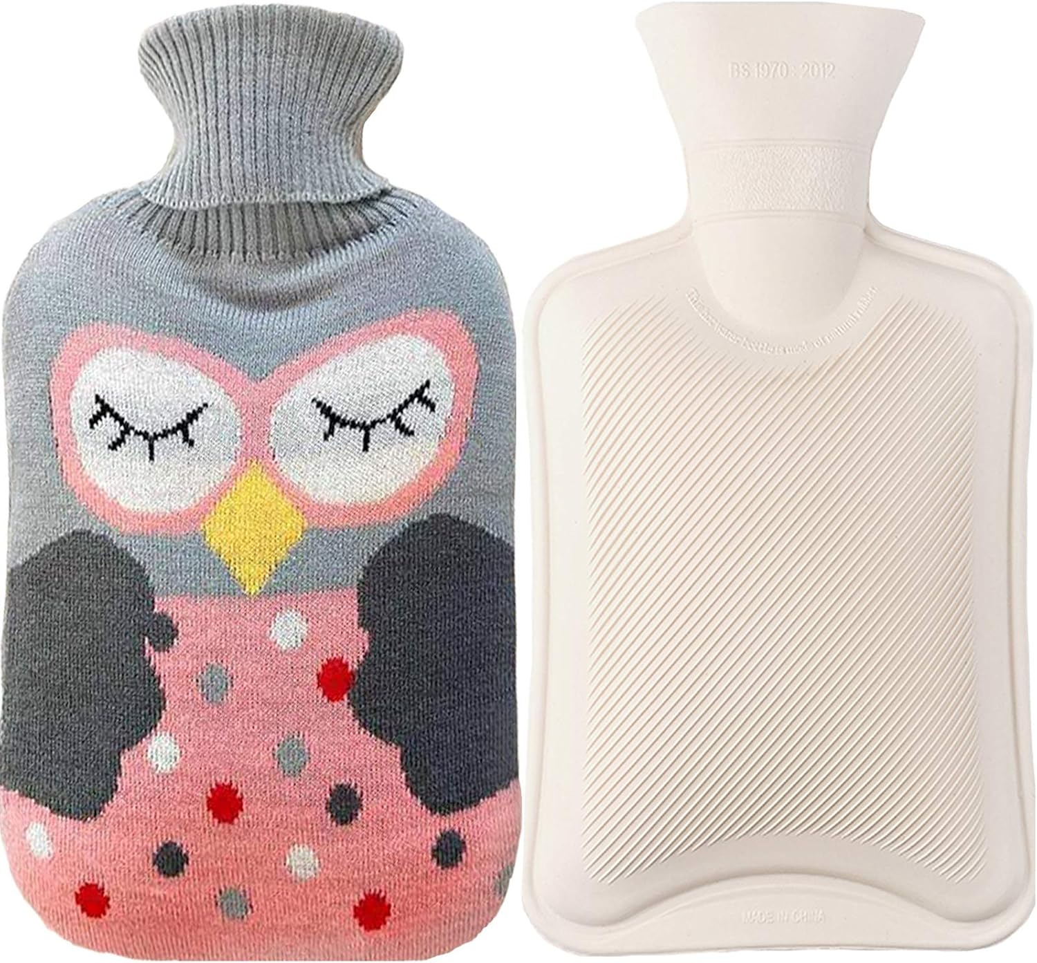 Premium Rubber Hot Water Bottle, for Pain Relief, Hot and Cold Therapy (2 Liter, Owl GrayPink
