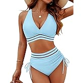 Blooming Jelly Women High Waisted Bikini Sets Tummy Control Swimsuits 2 Piece Drawstring Bathing Suit (XL, Blue Mesh)