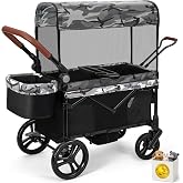 ELEMARA All-Terrain Stroller Wagon for 2 Kids, Foldable Kids Wagon Stroller Includes Removable Canopy,Mosquito net, Adjustable Push＆Pull Handle,Snack Tray &amp; Cup Holders, Storage Basket, Black+White