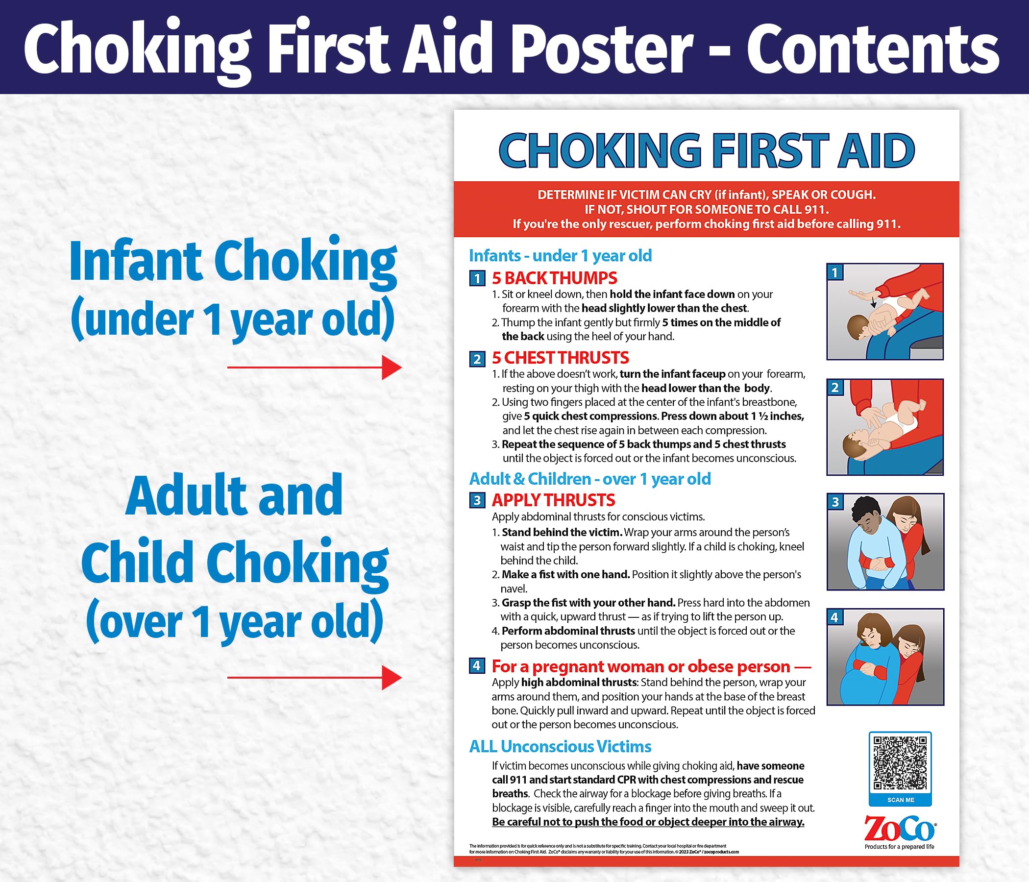 Choking Poster for Infant, Child, Adult - Laminated, 12 x 18 inches - Heimlich Maneuver Poster for Restaurants, Workplace, School Nurse Office - First Aid for Choking