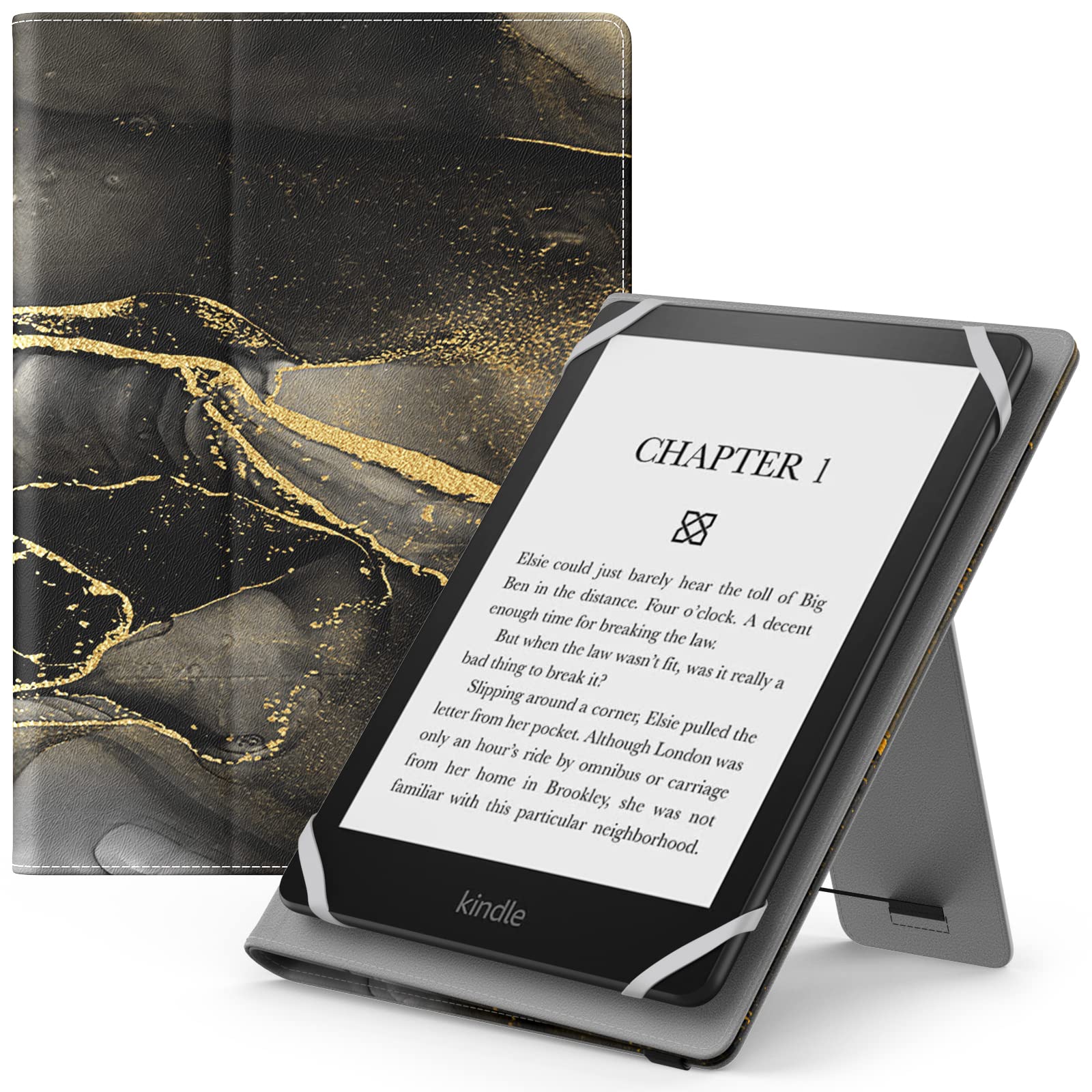 MoKo Universal Case for 6",6.8",7" Kindle eReaders Fire Tablet - Kindle/Kobo/Voyaga/Lenovo/Sony Kindle E-Book Tablet, Lightweight PU Leather Folio Shell Cover Case, with Hand Strap, Marble Black Gold