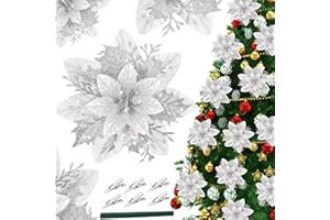 GUSHU 16Pcs Christmas Poinsettia Flower Decorations Artificial Glitter Poinsettia Decorations Silver Poinsettia Christmas Ornaments Poinsettia Christmas Tree Decoration for Xmas Wreath Wedding Party Decor