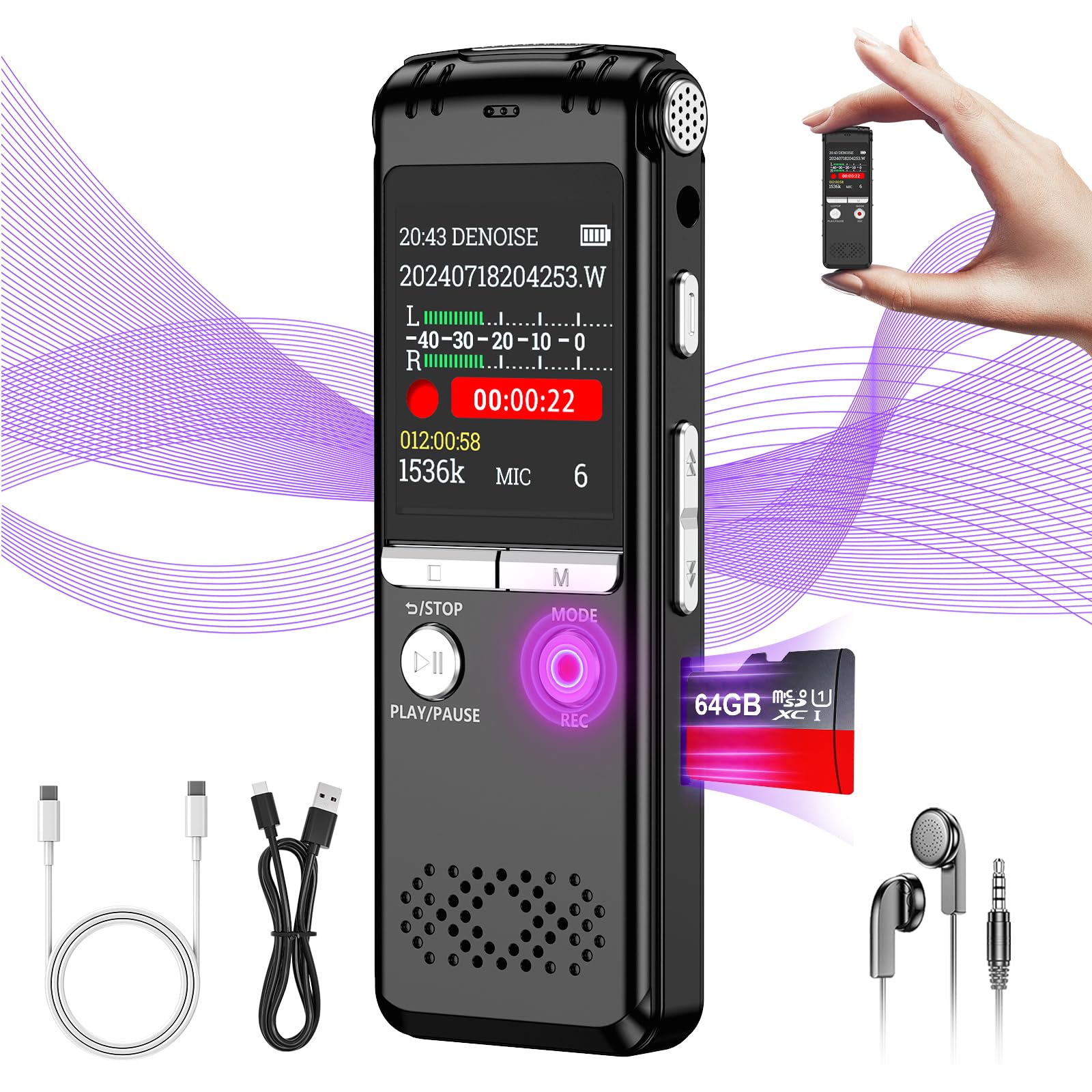 64GB Digital Voice Recorder: ZIPCIDE 4800 Hours