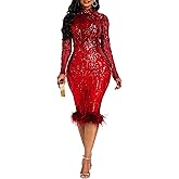 VERWIN Sequins Patchwork Bodycon Dress Women's Long Sleeve Dress Elegant Dress Plume Maxi Dress Party Dress