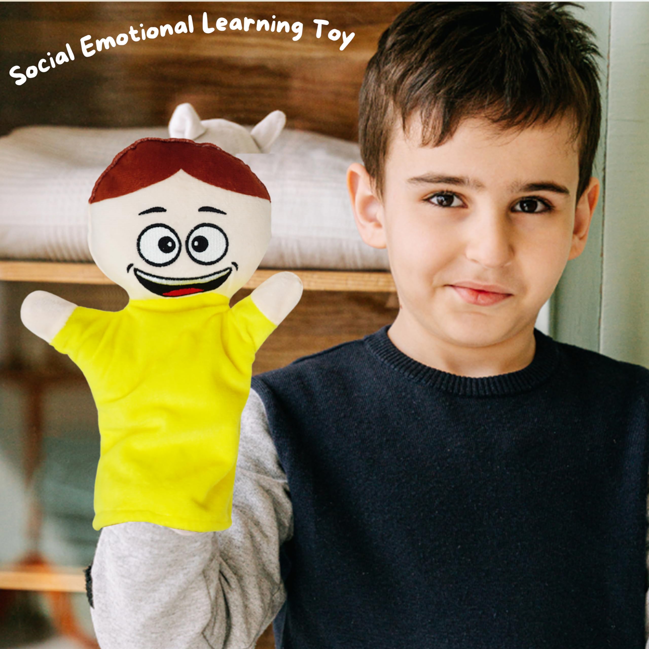4E's Novelty Feeling Hand Puppets for Kids with 6 Emotions, with Moveable Arms, Soft Plush Hand Puppets for Toddlers, Early Education Toys, Social Emotional Learning Activities - Pack of 6