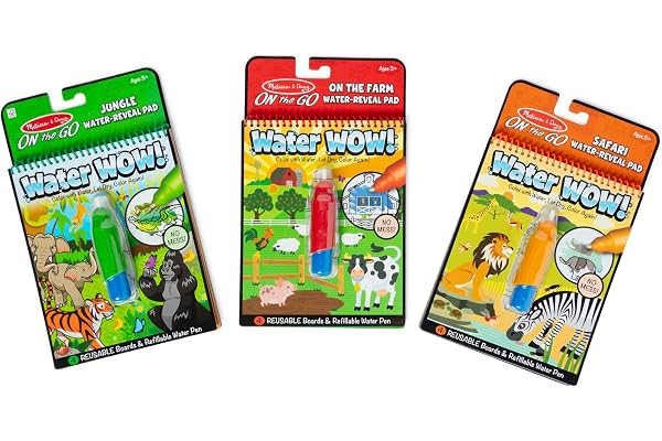 Melissa & Doug On the Go Water Wow! Mess Free Coloring Book, Reusable Water-Reveal Activity Pad, 3-Pack, Jungle, Safari, Farm