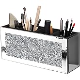 blingworld Mirrored Pen Holder 4 Compartments, Crushed Diamond Pencil Holder for Desk Glass Pen Organizer Cup for Countertop Accessory Storage, Silver