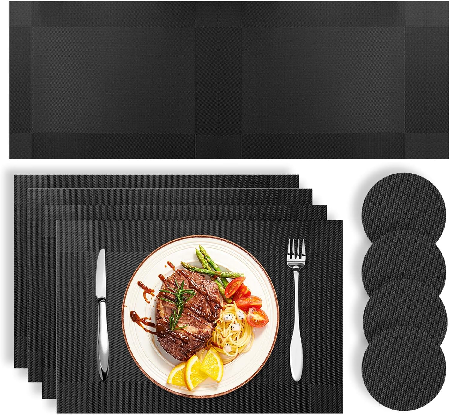 HEYOMART Placemats Table Mats Set with 4 x Placemats + 4 x Coasters + 1 x Long Table Mat