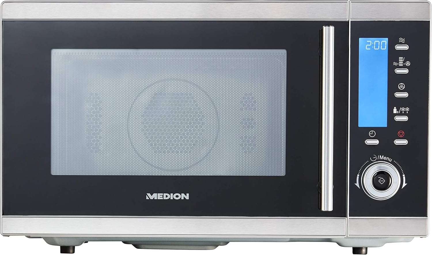 MEDION MD 15501 4 in 1 Mikrowelle mit Grill (25 Liter, 900 Watt, 1100 Watt Grill, 2500 Watt Heißluft, 10 Automatik-Programme) silber