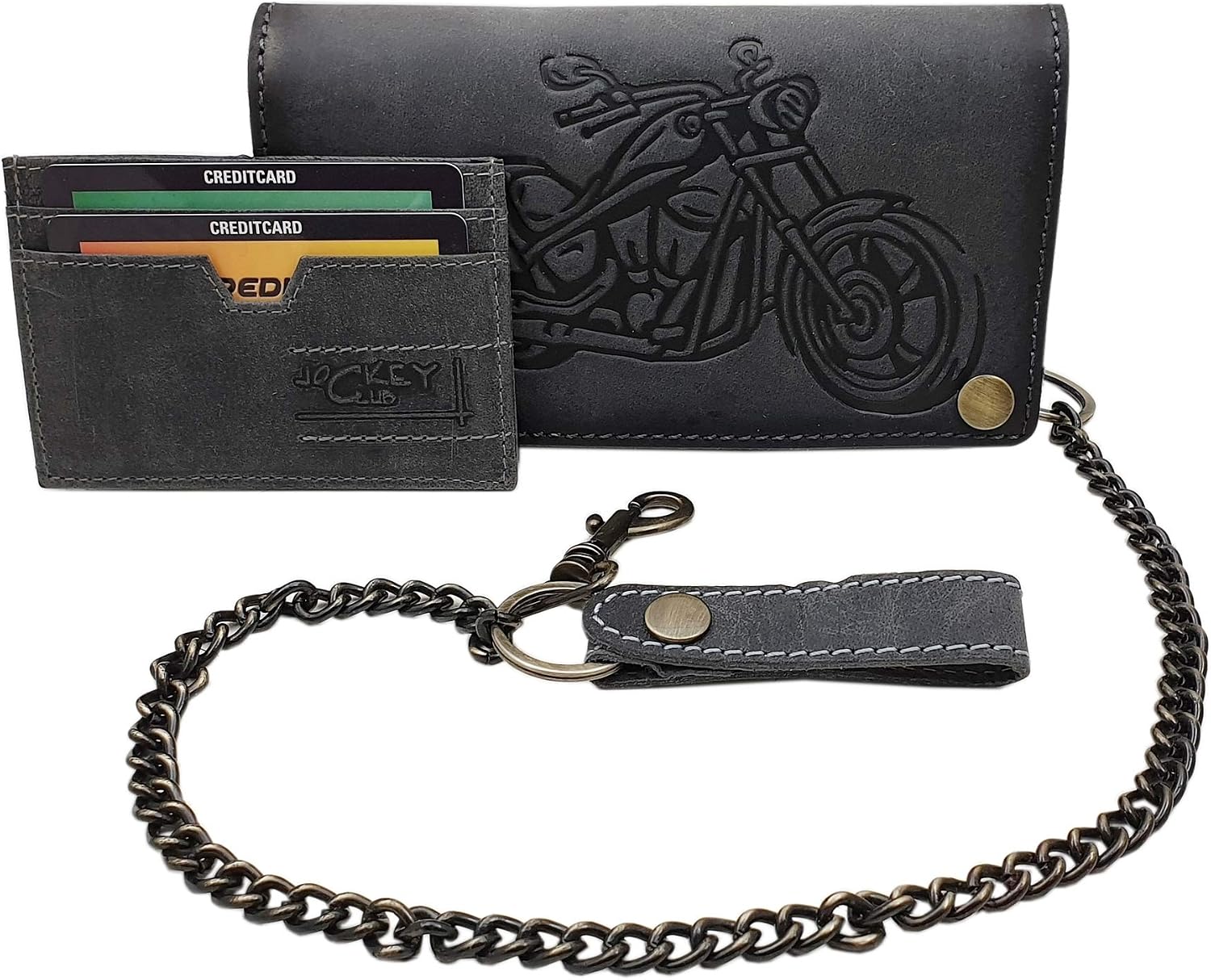 Buffalo Full Leather Biker Wallet with Metal Chain and Removable Card case with Motorcycle Motif with RFID & NFC Blocking (Grey) - Image 3