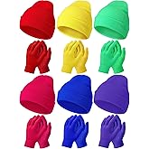 Handepo 12 Pcs Neon Beanies Gloves Set Warm Slouchy Beanie Cap Hats Unisex Knit Thermal Winter Gloves for Boys Girls