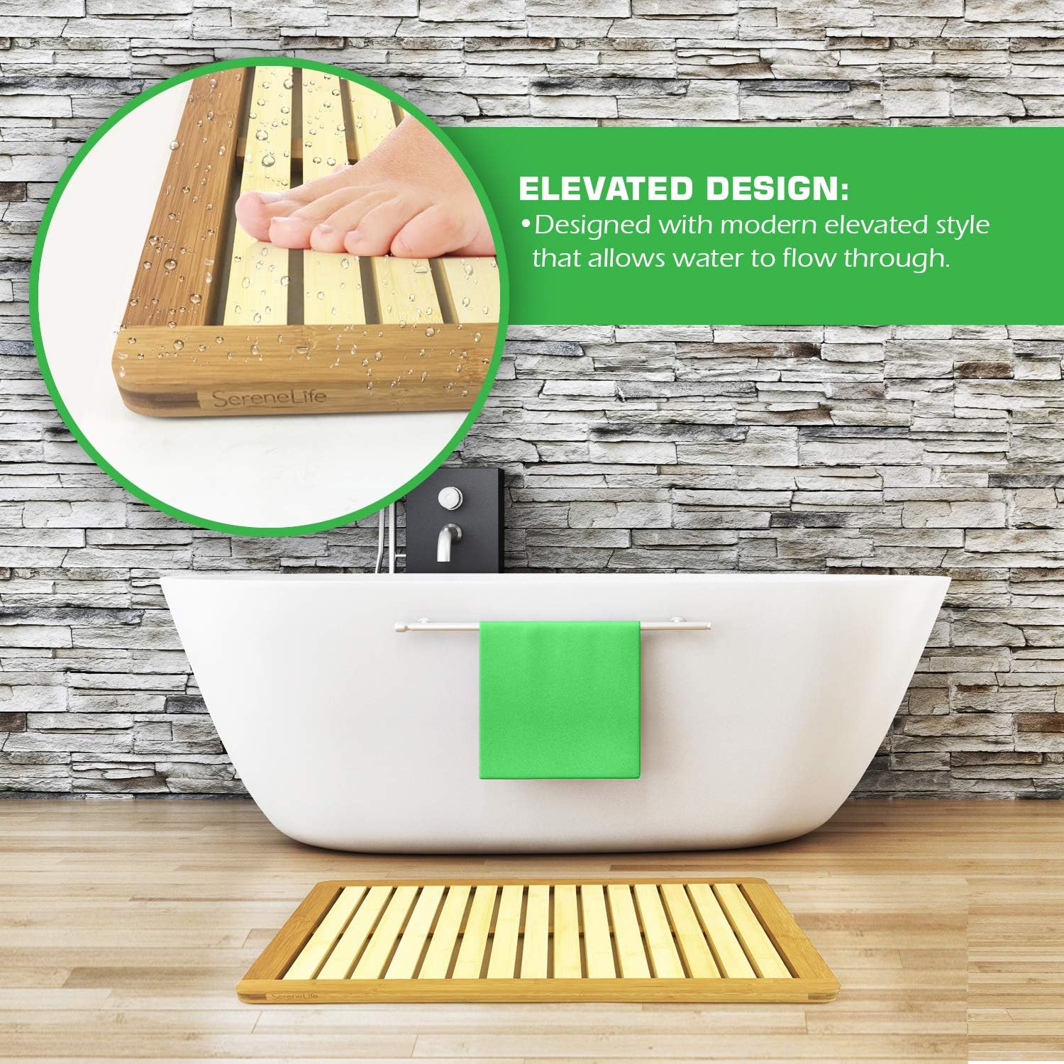 SereneLife Bamboo Wood Bathroom Bath Mat-Heavy Duty Natural or Shower Floor Foot Platform Rug with Elevated Design for Water Evaporation and Non Slip Rubber Feet for Indoor Outdoor Use: Home & Kitchen