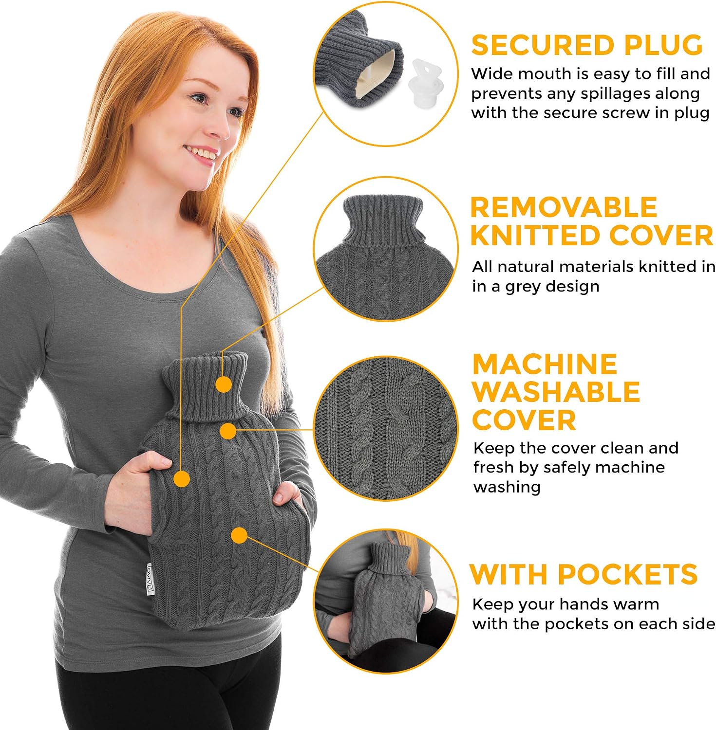 LIVIVO 2L Hot Water Bottle with Knit Cover & Hand Pockets - Image 4