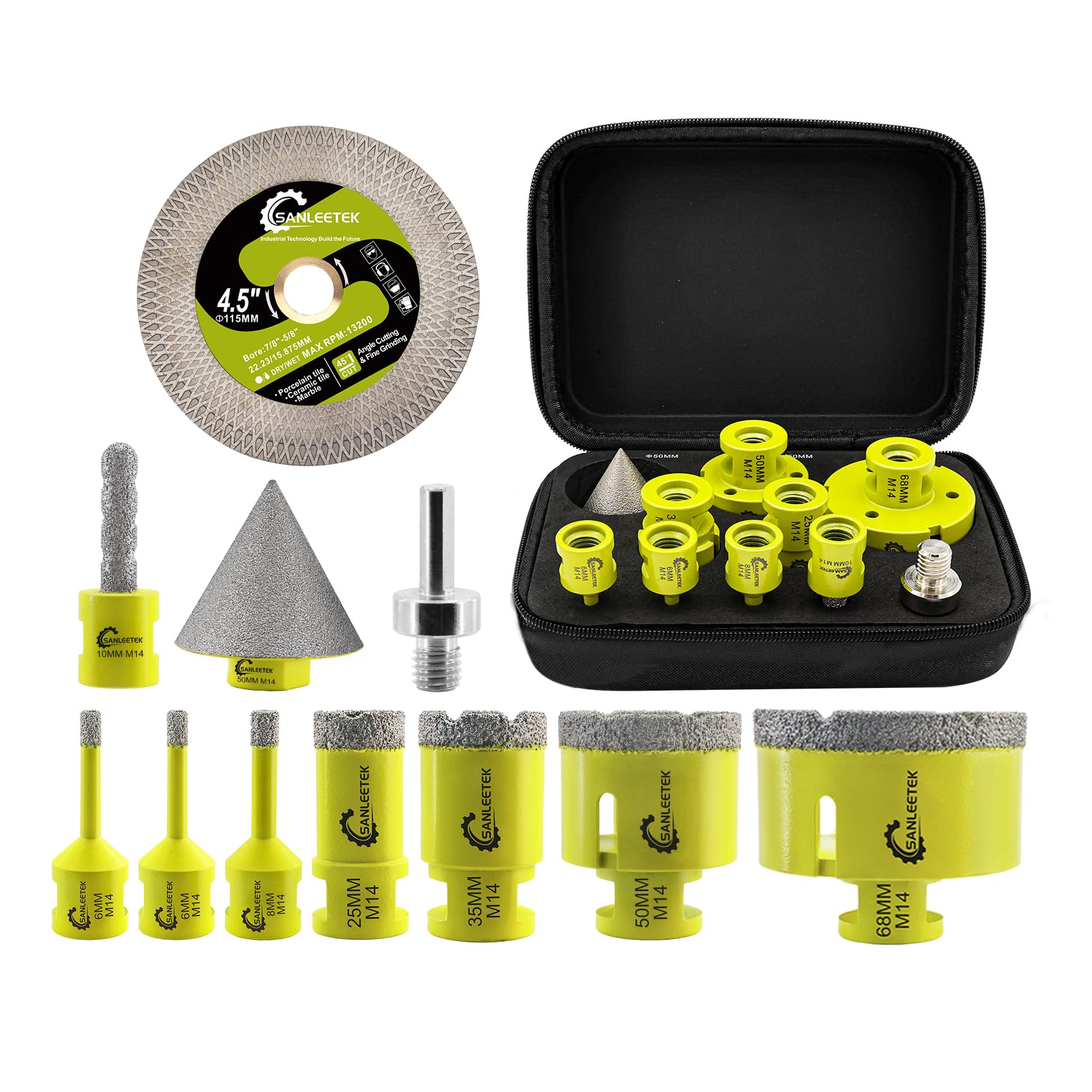 SANLEETEK Tile Hole Saw Kit - Diamond Core Drill Bits Set 11pcs (6/6/8/25/35/50/68mm+10mm Finger Bit+50mm Beveling Chamfer Bit+115mm Diamond Blade+Adapter) for Porcelain Tile Ceramic Marble M14 Thread