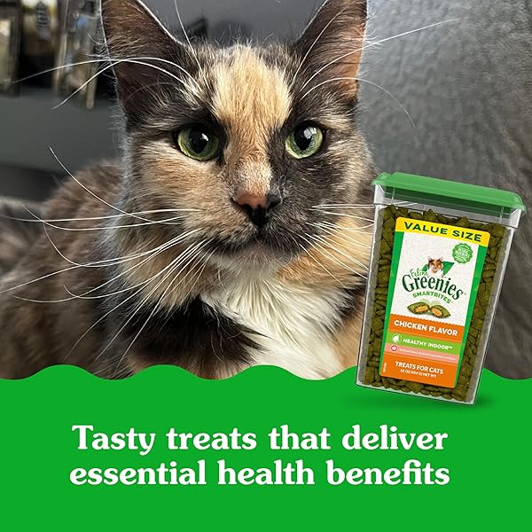 GREENIES FELINE SMARTBITES, CAT TREATS HEALTHY RECIPE, INDOOR CAT TREATS, CHICKEN FLAVOR, 16 OZ. TUB