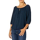 Star Vixen Womens Petite 3/4 Sleeve Peasant Elastic-Hem Keyhole-tie Top