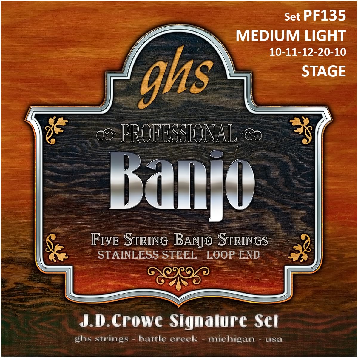 GHS BANJO >J.D.CROWE SIGNATURE< Stainless Steel String "STAGE" Set - PF135 - Medium Light
