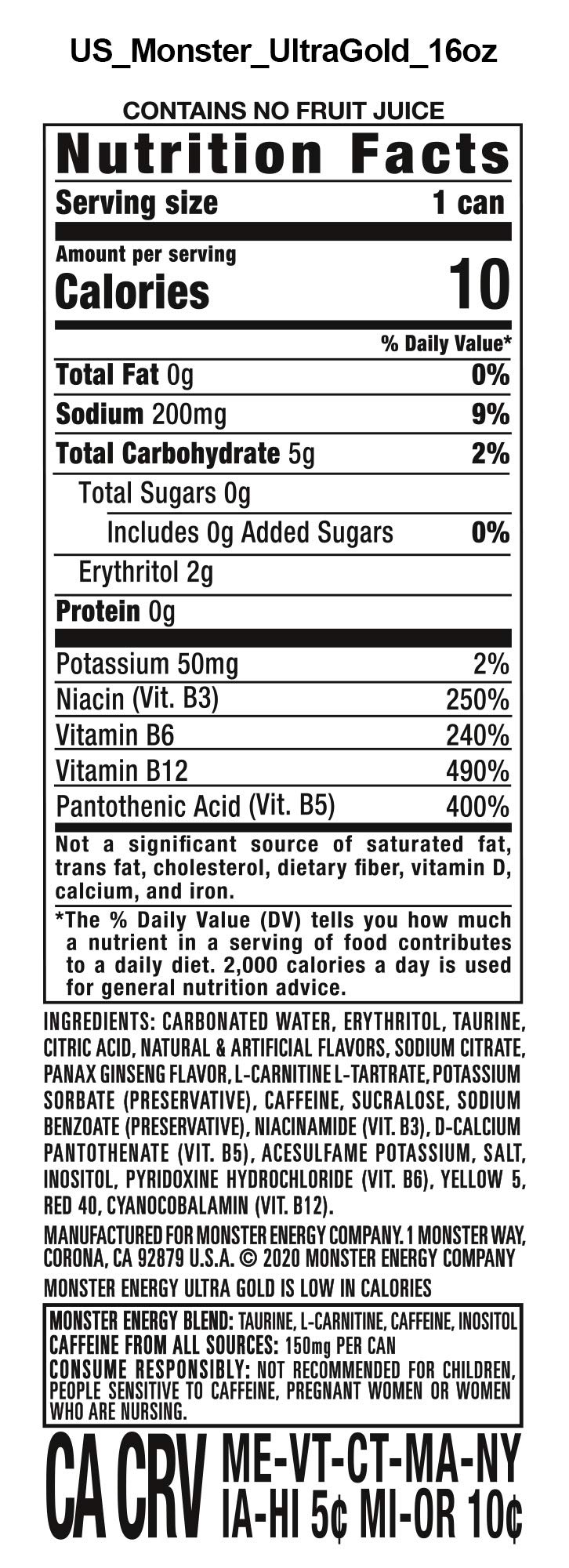 Monster Energy Ultra Gold, Sugar Free Energy Drink, 16 Ounce (Pack of 24)