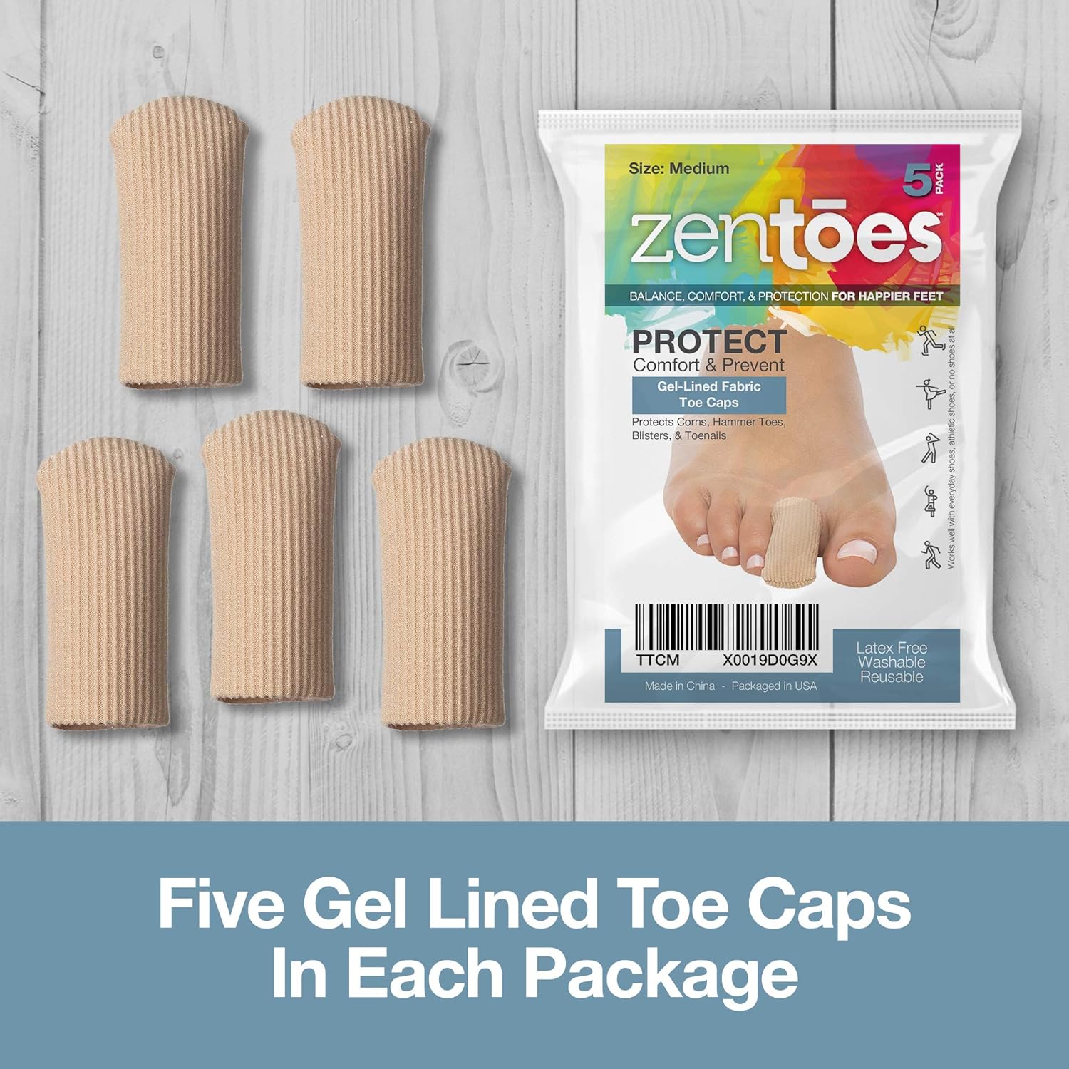 ZenToes 5 Pack Toe Caps Closed Toe Fabric Sleeve Protectors with Gel Lining, Prevent Corn, Callus, Blister Development Between Toes, Soften and Soothe The Skin (Size Medium): Health & Personal Care