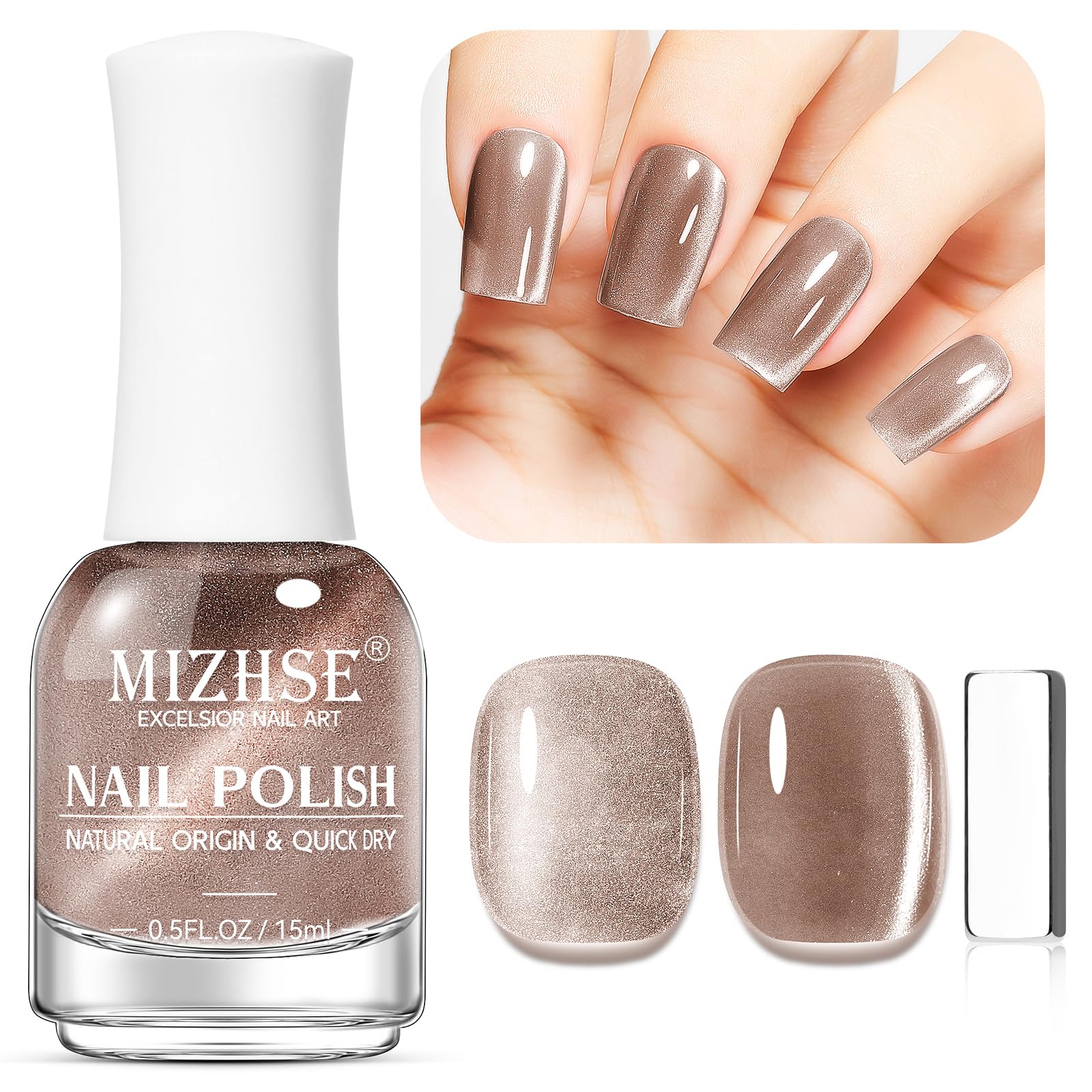Photo 1 of MIZHSE Cat Eye Nail Polish: Quick Dry Magnetic Nail Polish with Magnet, Air Drying Fast Champagne Color Nail Lacquer 15ml Cateye Effect for Women Girl Non-Gel Nail Art Manicure DIY Home